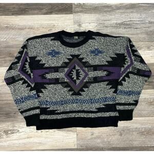 Vintage 80s 90s Stefano Mens XL Long Sleeve Aztec Pattern Knit Abstract Sweater